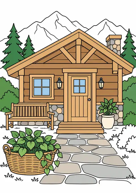 山小屋の入口と植木のかご 色見本