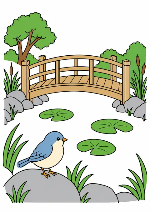 池の木の橋と小鳥 色見本
