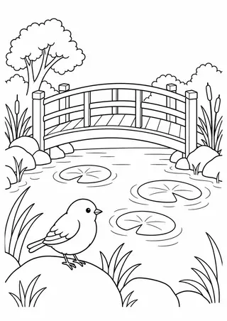 池の木の橋と小鳥