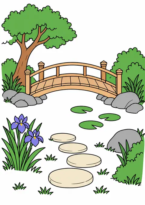 池の木の橋と丸い石の道 色見本