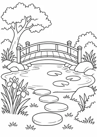 池の木の橋と丸い石の道