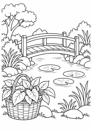 池の木の橋と植木のかご