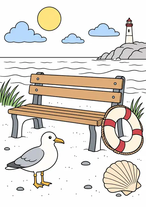 海辺の木のベンチと小鳥 色見本