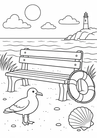 海辺の木のベンチと小鳥