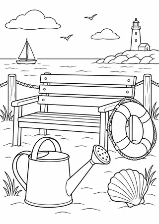 海辺の木のベンチと大きなじょうろ