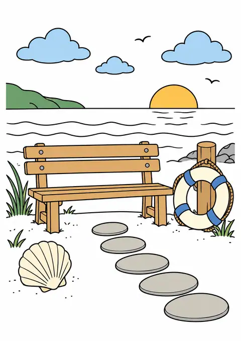 海辺の木のベンチと丸い石の道 色見本