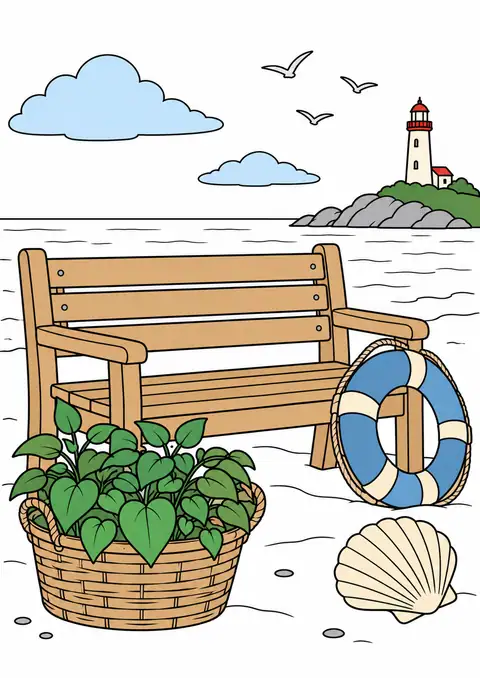 海辺の木のベンチと植木のかご 色見本