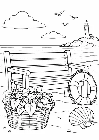 海辺の木のベンチと植木のかご