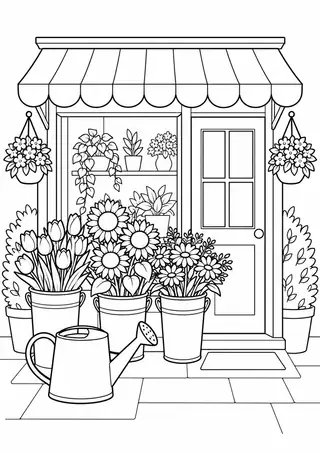 花屋の入口と大きなじょうろ