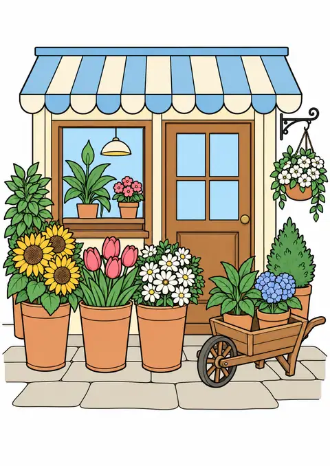 花屋の入口と木の手押し車 色見本