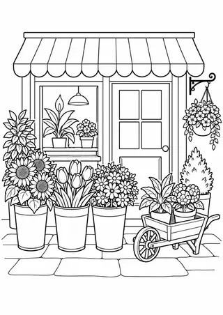 花屋の入口と木の手押し車