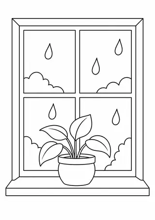 雨つぶの窓と丸い植木鉢