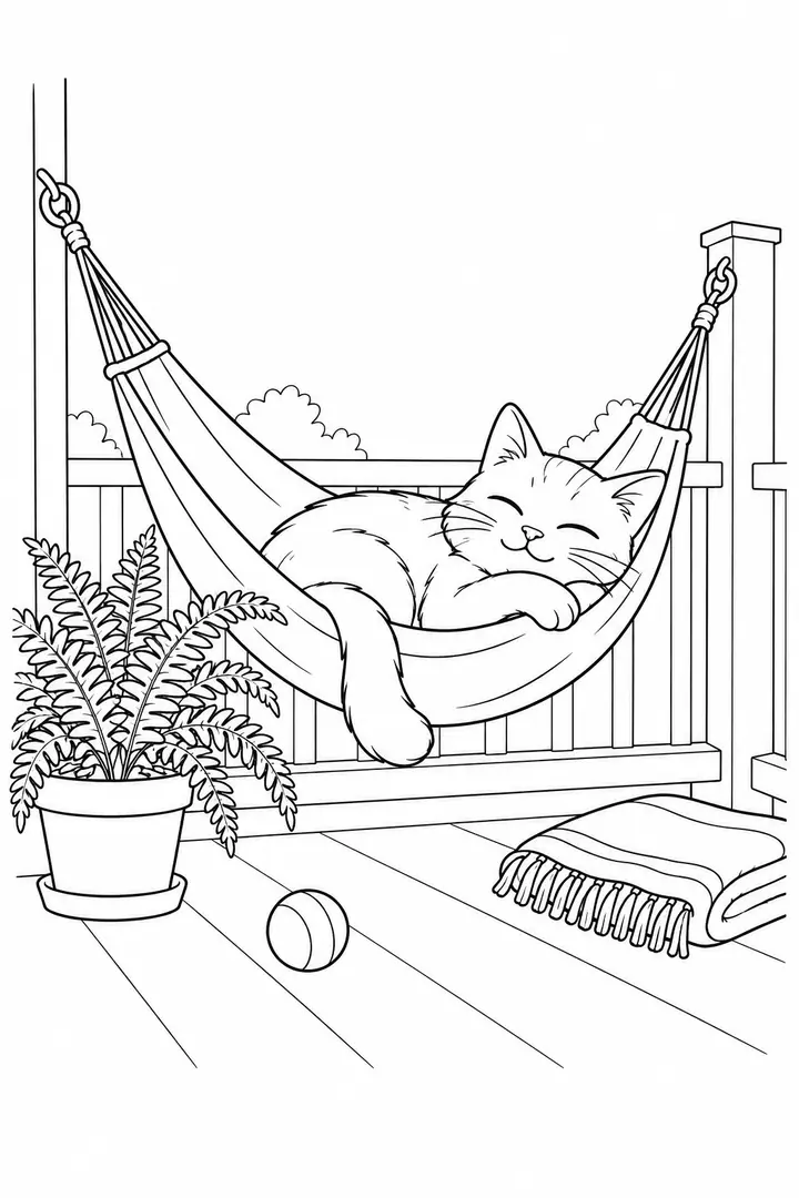 Gato cochilando numa rede ao lado de uma samambaia