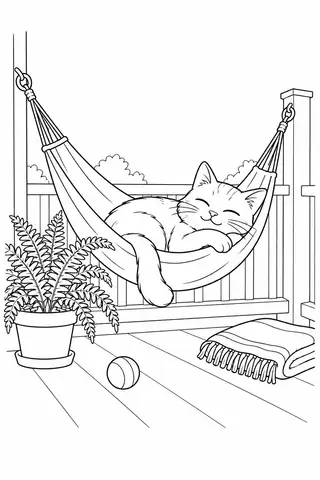 Gato cochilando numa rede ao lado de uma samambaia