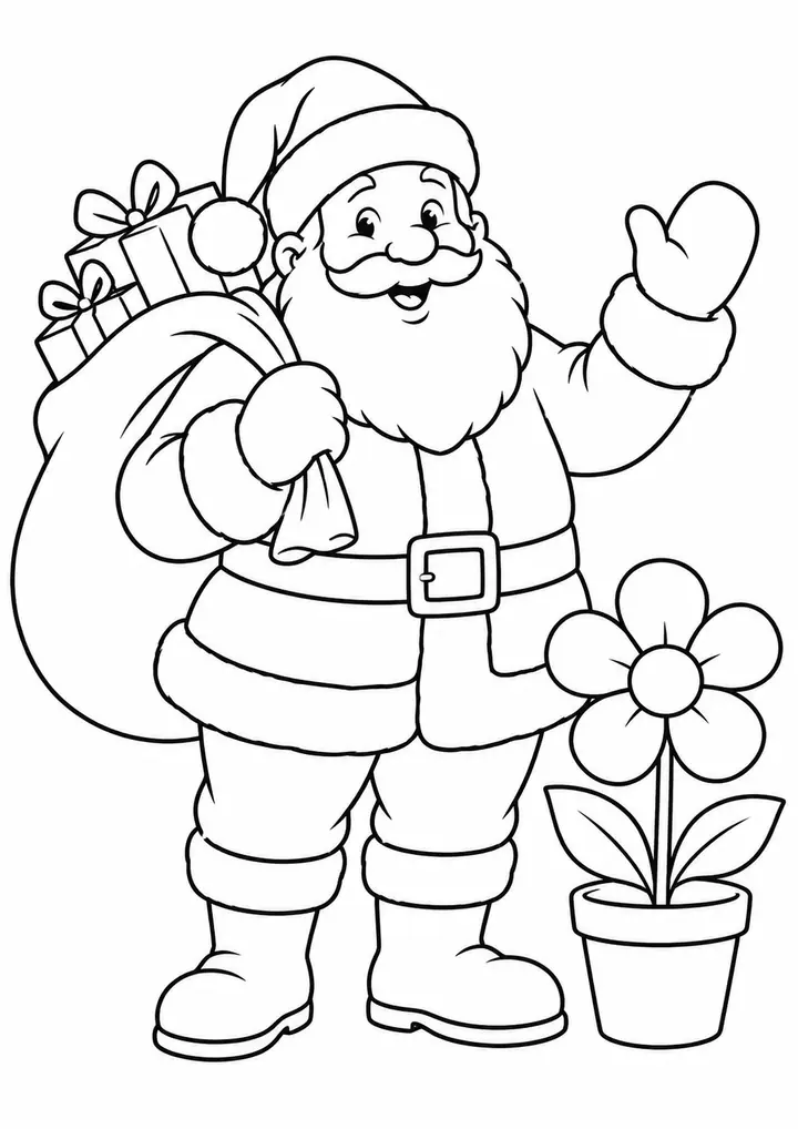 Papai Noel com saco de presentes e uma flor