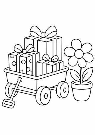 Carrinho com presentes e uma flor