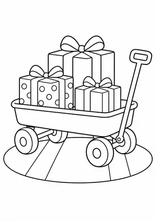 Carrinho com presentes em um tapete redondo