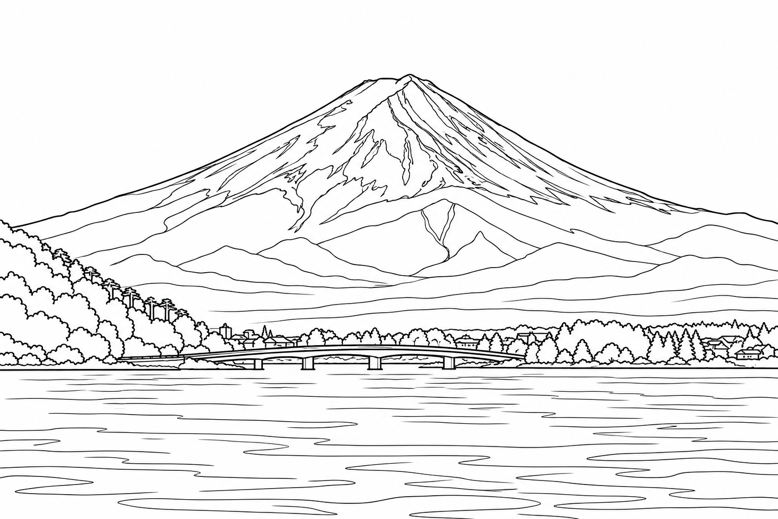 河口湖越しの富士山の塗り絵線画。雪の山頂、山の斜面、湖、岸辺の木々を塗り分けます。
